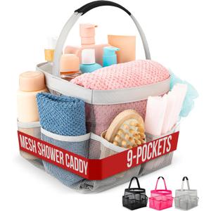 Masirs Mesh Shower Caddy - 9 Pocket Portable Bathroom Organizer Tote for Travel, Gym & Dorm - Collapsible Small Shower Caddy Bag to Hold Toiletries & Essentials (Gray)