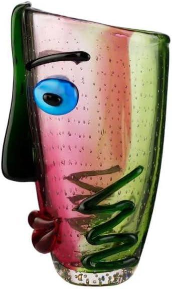 Yao Yuan Hand Blown Murano Style Art Glass Vase with face, Multicolor, 14.57in Tall (Green and Pink)