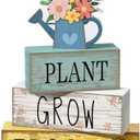 Moucuny 4 Pcs Spring Table Decorations Flower Wooden Signs Spring Tiered Tray Decor Wooden Flower Kettle Block Signs Pastel Table Centerpieces Decor for Home Kitchen Shelf