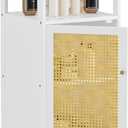 HITNET Bathroom Storage Cabinet Rattan, Small Bamboo Floor Cabinet with Single Door and Open Shelf, Freestanding Narrow Cupboard for Living Room, Kitchen, Entryway, White, 13"D X 14.4"W X 33.66"H