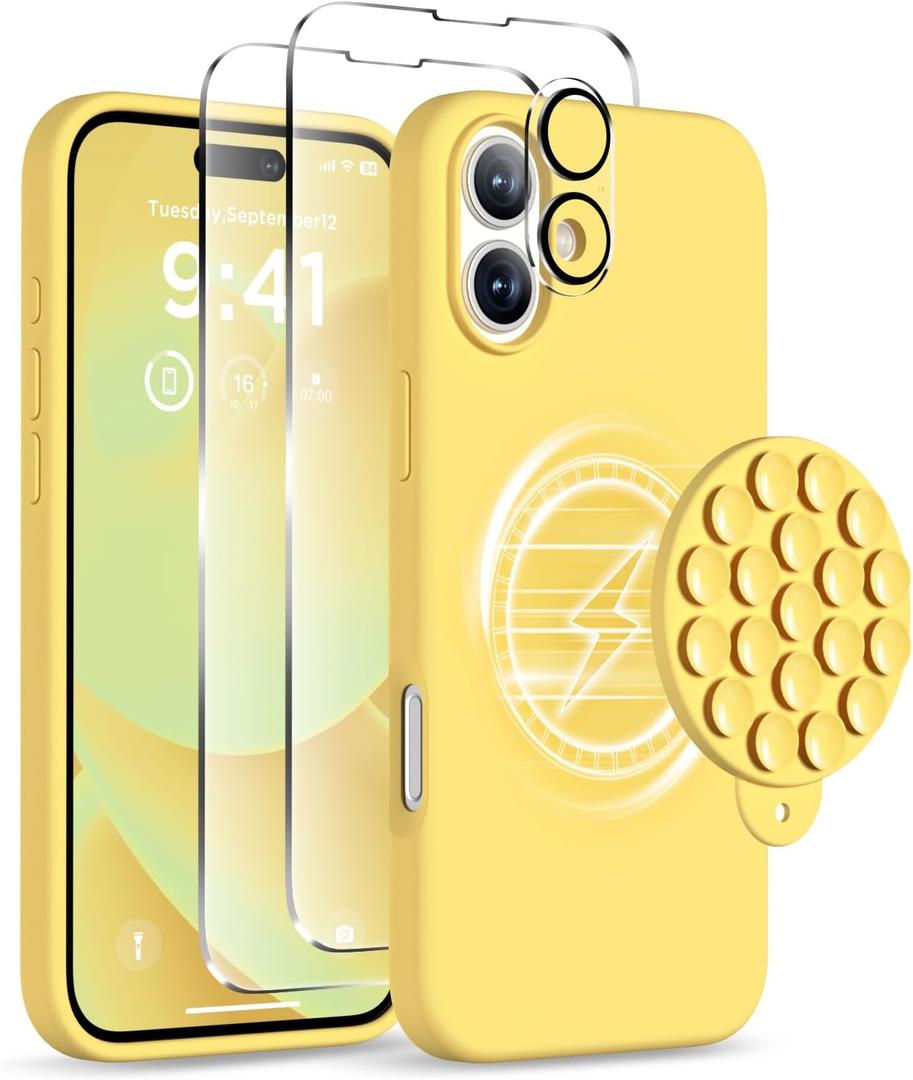 Magnetic for iPhone 16 Case, Compatible with Magsafe, Suction Cup Phone Mount, [2 Screen Protectors][Camera Lens Protector] Silicone Shockproof Protective Slim Phone Cover 6.1", Yellow