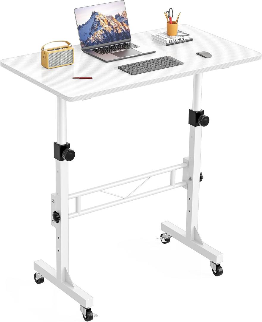 HOMIDEC Standing Desk, 32 Inch Portable Small Desk Adjustable Height, Rolling Home Office Desks with Wheels, Sit Stand Desk for Bedroom Walking Pad Home Office Small Space, White