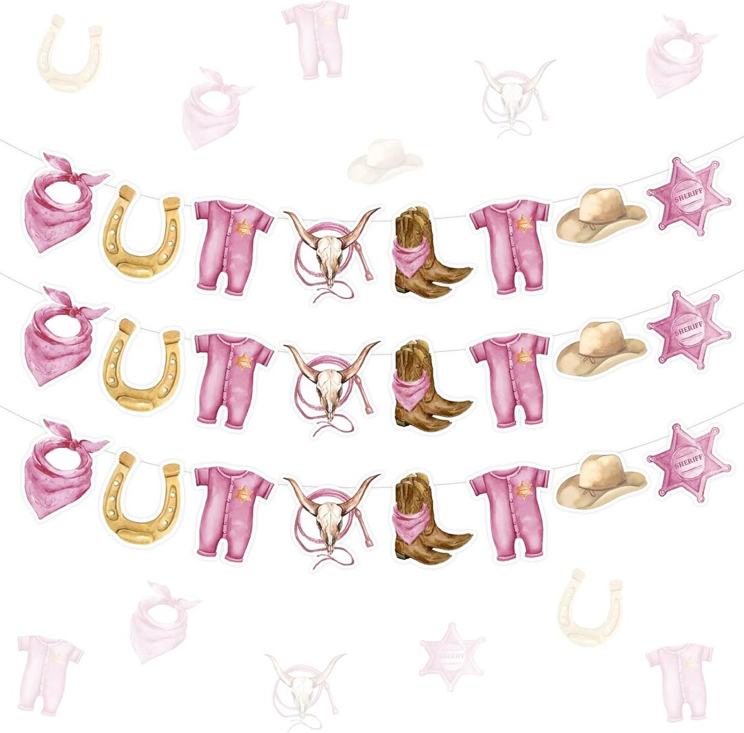 3Pcs Western Cowgirl Baby Shower Garland Banner, Pink Little Cowgirl Western Hats Boots Banner Gender Reveal Announcement Celebration Party Supplies