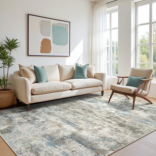 BEIMO Area Rugs 5x7 for Living Room Bedroom, Modern Abstract Machine Washable Rug, Large Soft Low Pile Floor Carpet with Non Slip Backing for Dining Room, Blue/Taupe