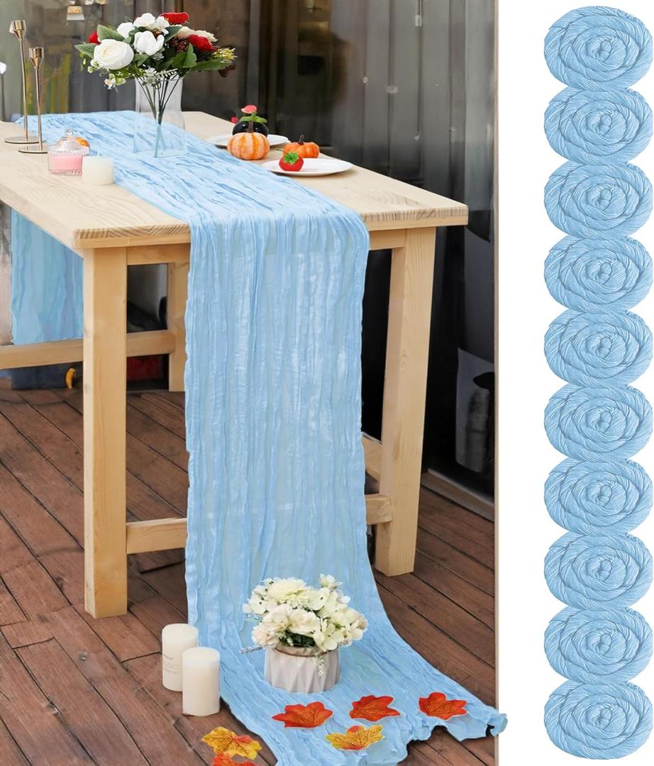 10 Pcs Baby Blue 10FT Cheesecloth Table Runner 23"x120" Romantic Cheese Cloth Table Runner Boho Gauze Table Runners Rustic Runner for Wedding Arch Bridal Baby Shower Birthday Party Table Decoration