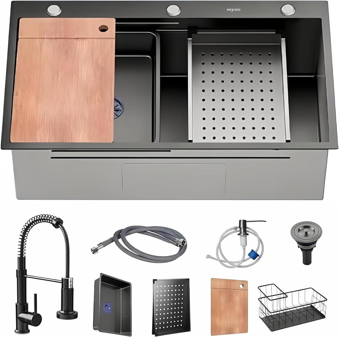 28in Stainless Steel Kitchen Sink: Black Single Bowl Drop In Workstation, 28*18in