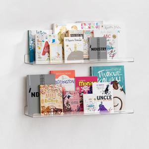 upsimples 2 Pack 23.6x5.5 Inches Acrylic Shelves for Wall Storage, Floating Bookshelves for Kids, Display Shelf Organizer for Bathroom, Bedroom, Living Room, Kitchen, Clear