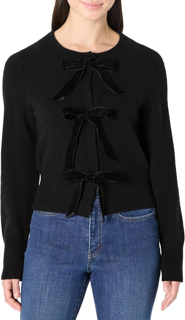 Amazon Essentials (Demi's Pick) Women's Regular-Fit Long-Sleeve Tie Front Cardigan with Bows (Medium, Black)