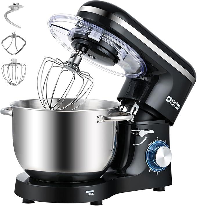 Kitchen in the box Stand Mixer, 6.5QT Kitchen Mixer, 6-Speed 660W Dough Mixer with Egg Whisk,Dough Hook,Beater for Home Baking (Black, 6.5QT)