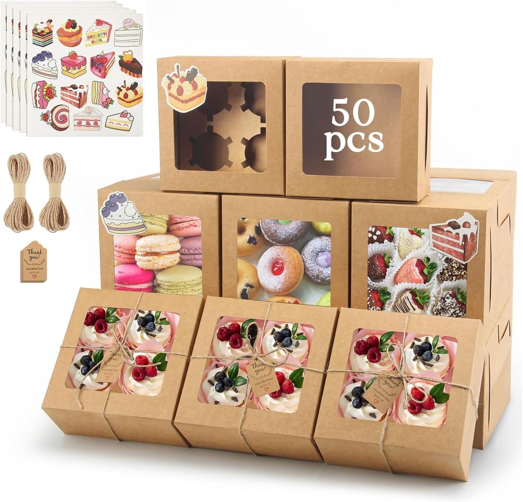 OAMCEG 50 Pack Cupcake Boxes with Window, 6x6x3 Inches Brown Cookie Bakery Treat Boxes with Stickers & Twine for Pastry, Desserts, Strawberries, Cupcakes, Gift Giving