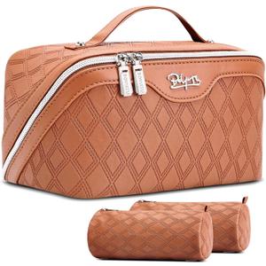 BOYATU Travel Makeup Bag for Women: Large Capacity 3-Piece Quilted Cosmetic & Toiletry Organizer - 2 Detachable Pouches Expand Storage by 50%, Open Flat for Easy Packing, Waterproof PU Leather(Brown)