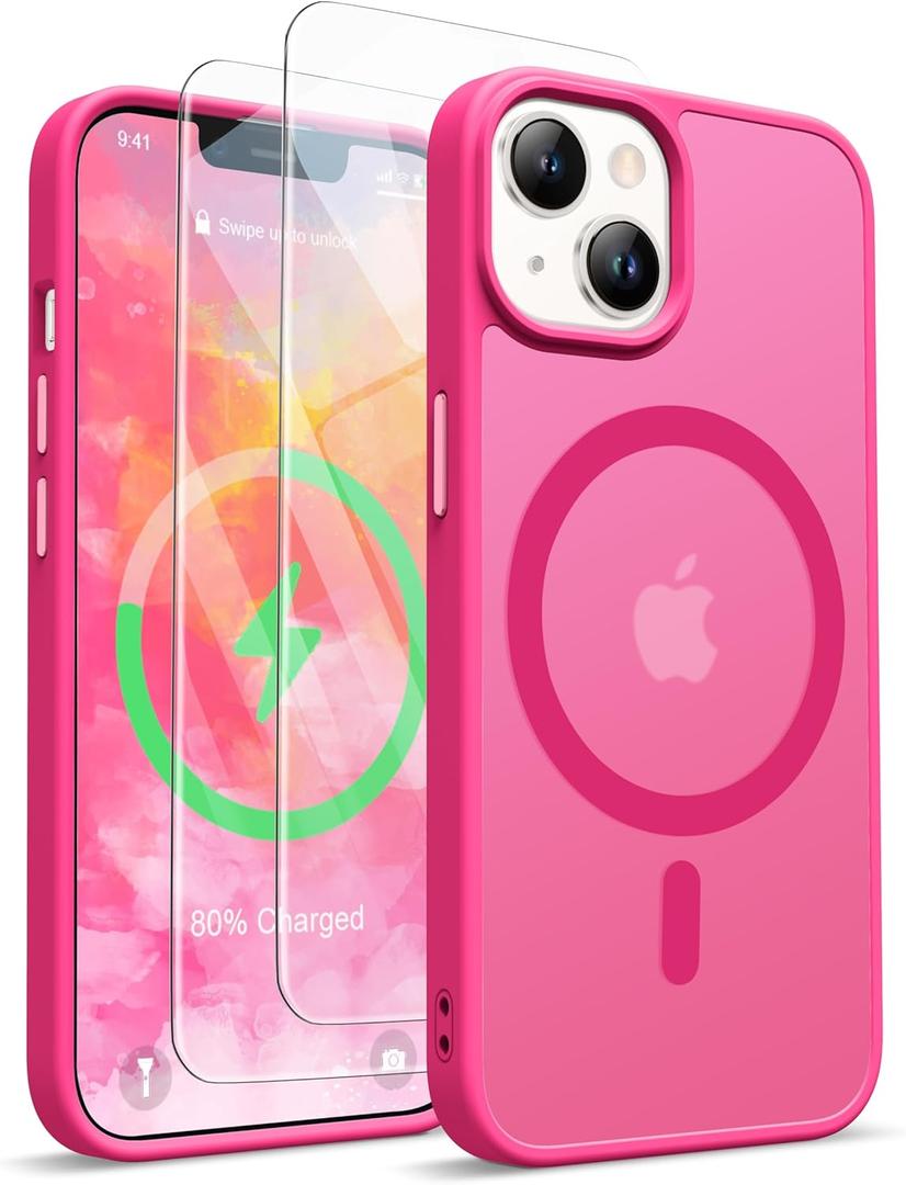 ORETECH Magnetic for iPhone 14 Case, [Compatible with MagSafe] [2 Pcs Screen Protectors] [15 FT Drop Protection] Frosted Translucent Back Shockproof Protective Cover - Hot Pink