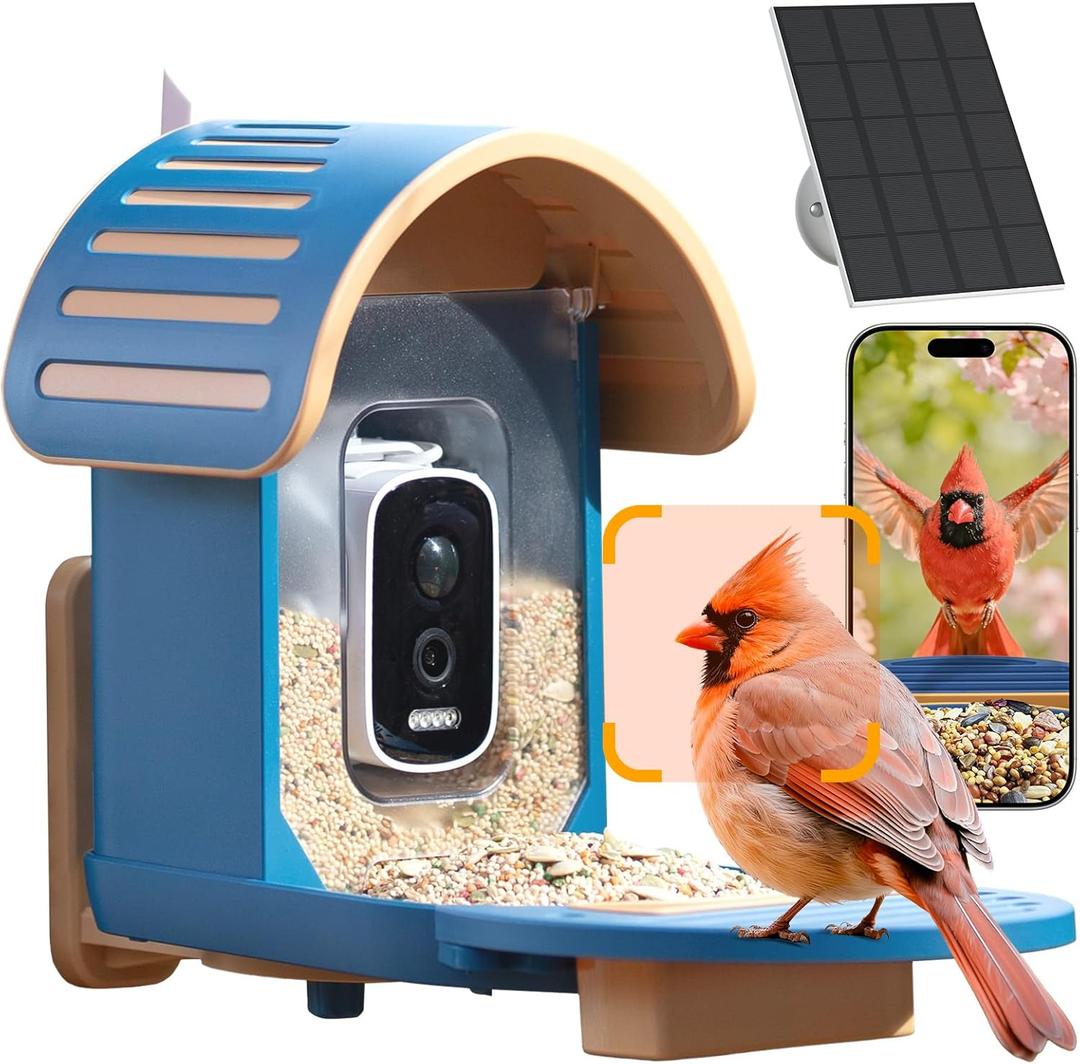 Smart Bird Feeder with Camera, 2.5K UHD Bird Feeder Camera Solar Powered, Sensitive AI Identification, Instant Alerts, Capture Video, IP66 Waterproof for Outdoor, Ideal Gift, Blue