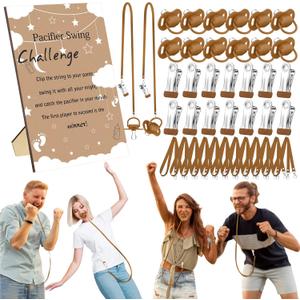 Geelin 12 Sets Swing Pacifier Baby Shower Games Funny Gender Reveal Games, Include 1 Wooden Sign and 12 Plastic Pacifiers for Bridal Baby Shower Gender Reveal Party Women Men(Star, Brown)