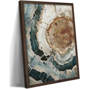 Abstract Nature Framed Wall Art, Modern Boho Tree Ring Canvas Prints for Living Room Decor, Rustic Wood Slice Painting in Wood Frame, Colorful Agate Picture for Bedroom Office 16x24 inch