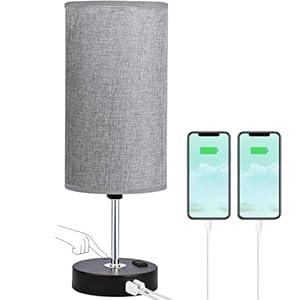 Woderdeng Touch Control Table Lamp - 3-Way Dimmable Bedside Lamps with USB Port and Outlet, Nightstand Lamp for Bedroom Decor, Light Grey