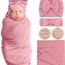 Newborn Receiving Blanket with Bow Hat Headband Wooden Card Set Wheat-Pattern Newborns Toddler Baby Boy Girl Nursery Swaddle Wrap