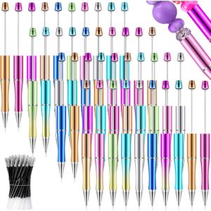 Crtiin 100 Pieces Plastic Beadable Pen Bulk Kit 50 Bead Ballpoint Shaft Black Ink Beaded Pens with 50 Refills for DIY Making Gift Kids Students Office School Supplies(Electroplated Gradient Color)