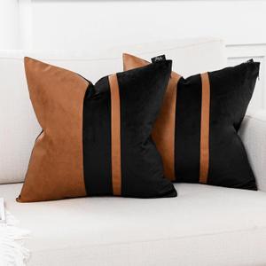 Set of 2 Black and Brown Decorative Throw Pillow Covers 20x20 Inch Faux Leather and Velvet Patchwork Pillow Cover,Modern Farmhouse Accent Pillow Case for Living Room Couch Bed Boho Home Decor