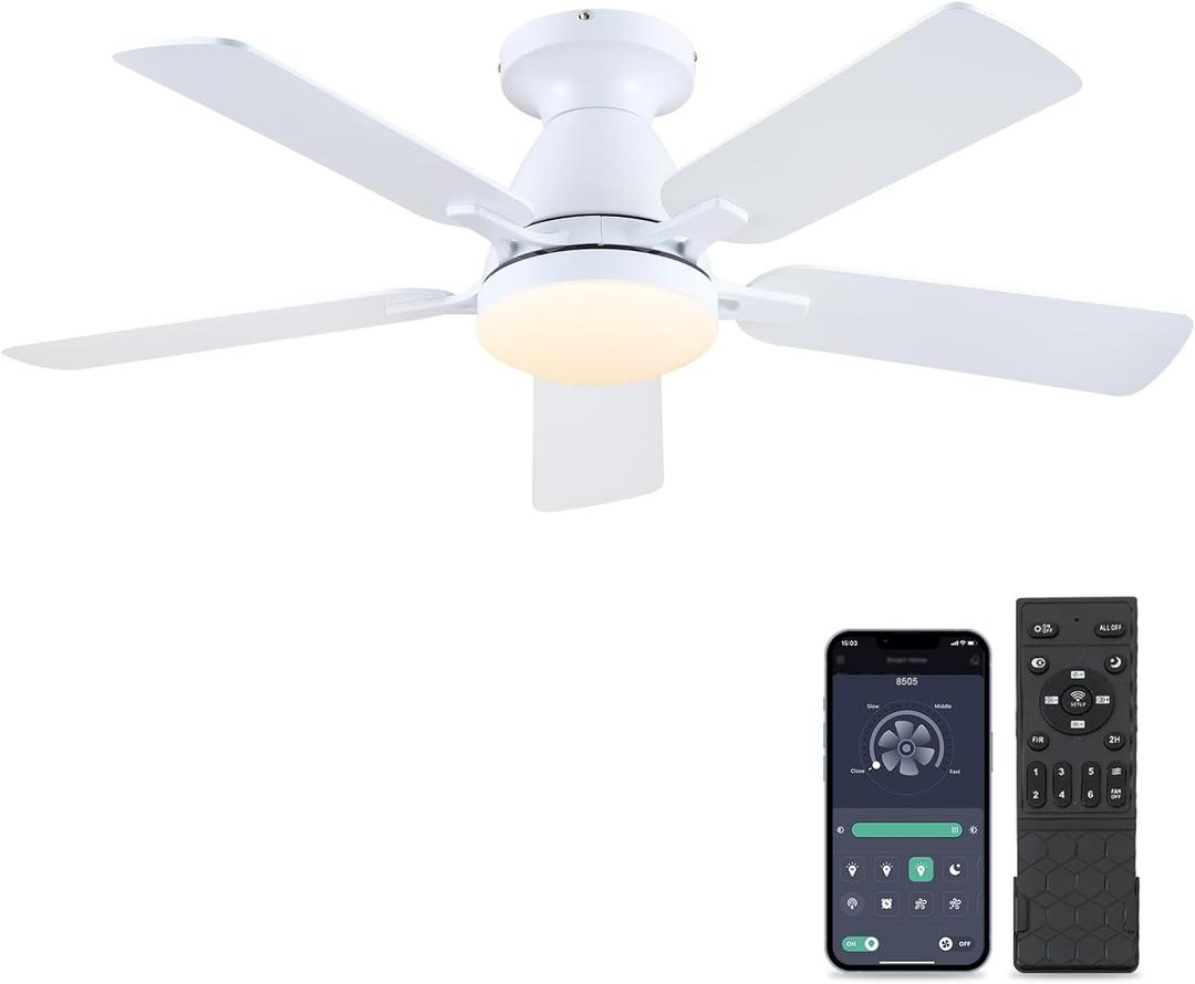 Ceiling Fans-46Inch Low Profile Indoor Ceiling Fan with Light and Remote/APP Control, Dimmable tri-Color temperatures LED,Quiet Reversible Motor,5 Blades Modern Ceiling Fans for Indoor (White)