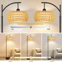 Arc Floor Lamps for Living Room Rattan Boho Floor Lamp with Remote Control,Dimmable LED Floor Lamp Wicker Lamp Shades Black Standing Lamp with 3 Color Temperature Tall Floor Lamps For Bedroom Corner