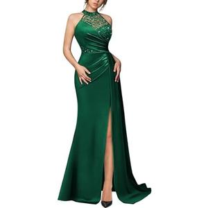 Miusol Women's Sexy Halter Sequin Lace Satin High Split Ruched Style Evening Party Maxi Dress, L