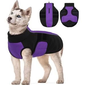 Kuoser Dog Jackets for Small Dogs, Warm Dog Coat with Harness Built in, Puppy Winter Jacket Pet Clothes for Cold Weather, Reflective Waterproof Doggie Winter Vest for Pug Dachshund, Purple S (S (Chest Girth: 12.6-16.5''))
