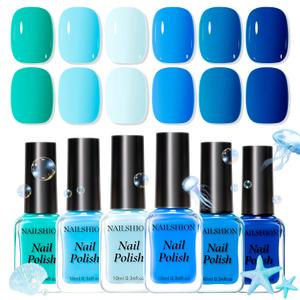 Blue Nail Polish Set: 6 Colors Light Blue Dark Navy Royal Teal Ocean Baby B lue Collection Toe Fingernail Polish, Quick Dry Non Gel, High Gloss Shine, Healthy Nail Art DIY Manicure Gift