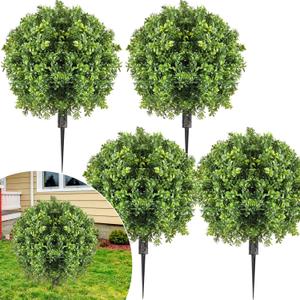4 Pcs Artificial Boxwood Topiary Ball Bush 26" Tree UV Resistant with Spike Easy to Push in The Ground Fake Boxwood Plants Faux Greenery Shrubs for Indoor Outdoor Home Garden (Light Green)