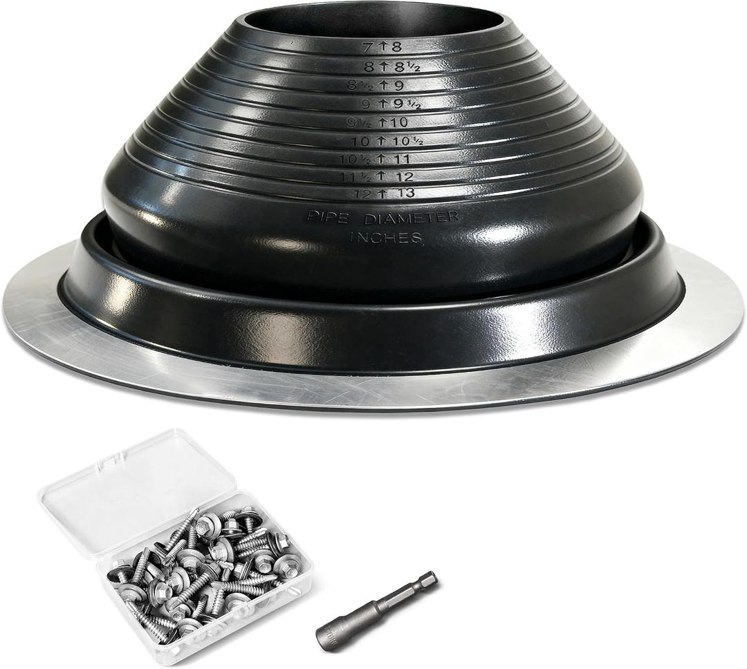 #8 Epdm Metal Roof Vents Roof Pipe Flashing Boot, Flexible Roof Chimney Flashing Roof Jack for Pipe OD 7" to 13", Screws & Hex Socket Included, Black/ 1 Pcs