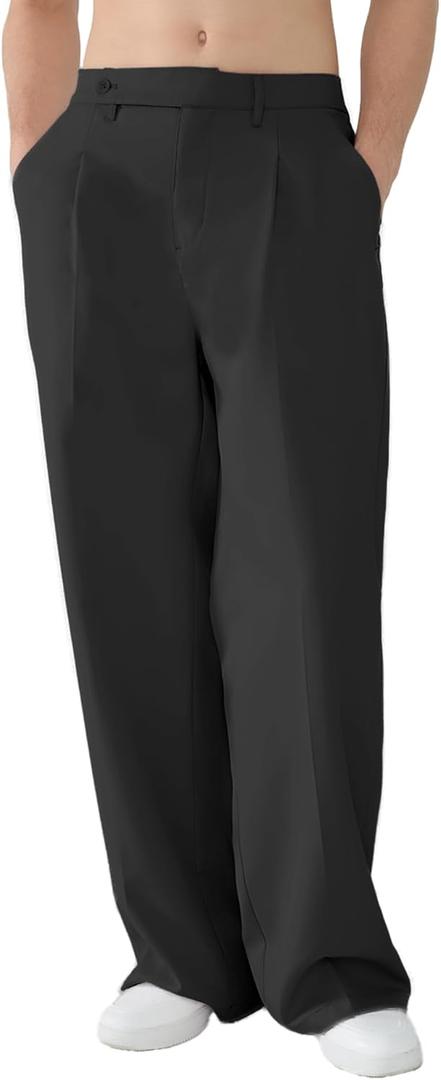 Susclude Mens Casual Dress Pants Pleated Old Money Wide Leg Baggy Pants Slacks Relaxed Fit Lightweight Work Trousers, XS, Black 