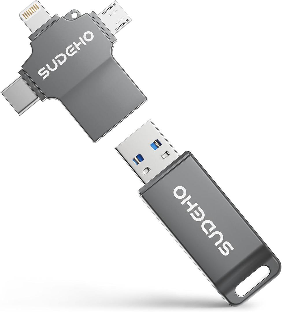 MFi Certified Photo Stick 128GB USB Flash Drive for iPhone, 4 in 1 External Memory Thumb Drive for Picture Video Data Backup, High Speed Memory Stick USB Drive for iPhone/iPad/Android/PC (Gun Black)