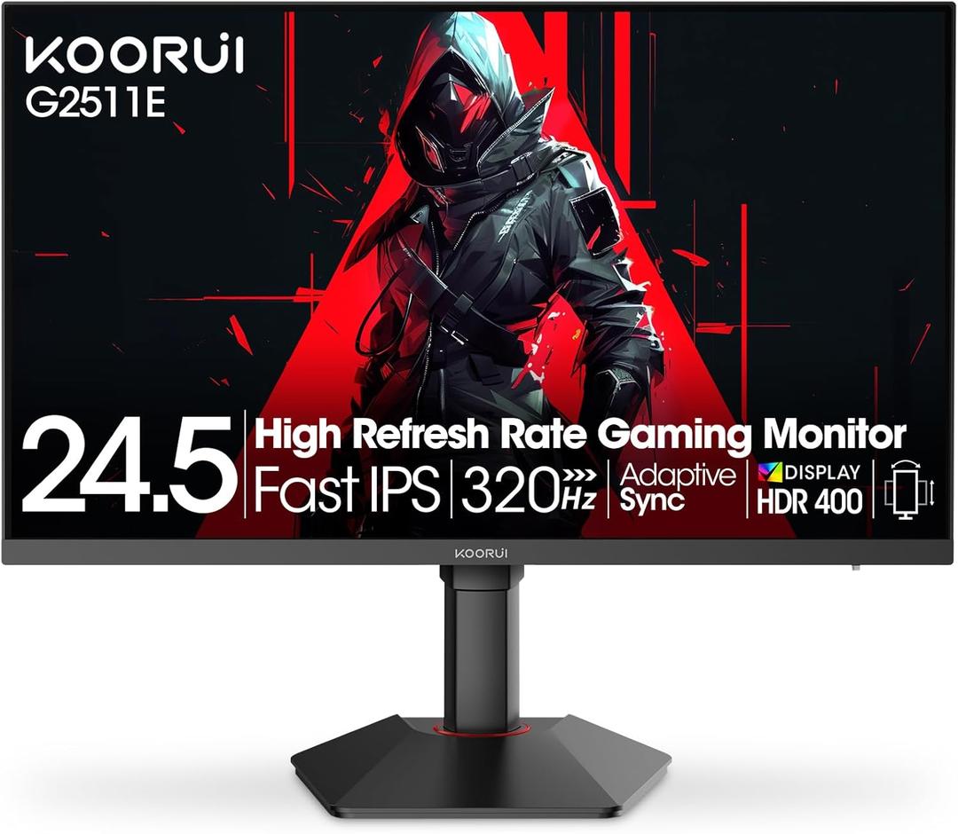KOORUI 24.5 Inch Gaming Monitor, 1ms, 320Hz Monitor, HDR400, 95% DCI-P3, IPS Display, Adaptive Sync Compatible, Tilt Vertical Height Adjustable, VESA Mount 75x75mm, HDMI & DisplayPor,G2511E KOORUI 24.5 Inch Gaming Monitor, 1ms, 320Hz Monitor, HDR400, 95% DCI-P3, IPS Display, Adaptive Sync Compatible, Tilt Vertical Height Adjustable, VESA Mount 75x75mm, HDMI & DisplayPor,G2511E
