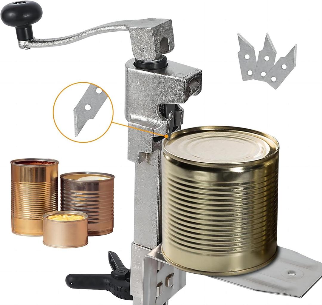 Manual Table Can Opener for Cans Up to 15.7”/40 cm, Heavy-Duty Commercial Countertop Can Opener with Stainless Steel Blade and 3 Extra Blades, Durable Cast Iron Construction