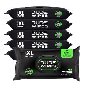 DUDE Wipes Herbal Relief Flushable Wipes - Extra-Large Adult Wet Wipes - 6 Pack (288 Count) - Infused with Soothing Witch Hazel, Geranium Essential Oils, Vitamin E, and Aloe - Septic and Sewer Safe