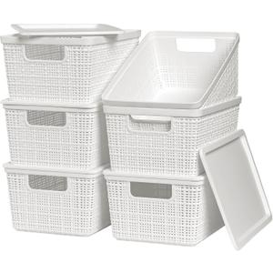 6 Pack Plastic Storage Baskets With Lids,White Breathable Stackable Storage Bins,Small Storage Containers,for Organizing Storage Baskets on Desktops,Closets,Playrooms,Classrooms,Offices