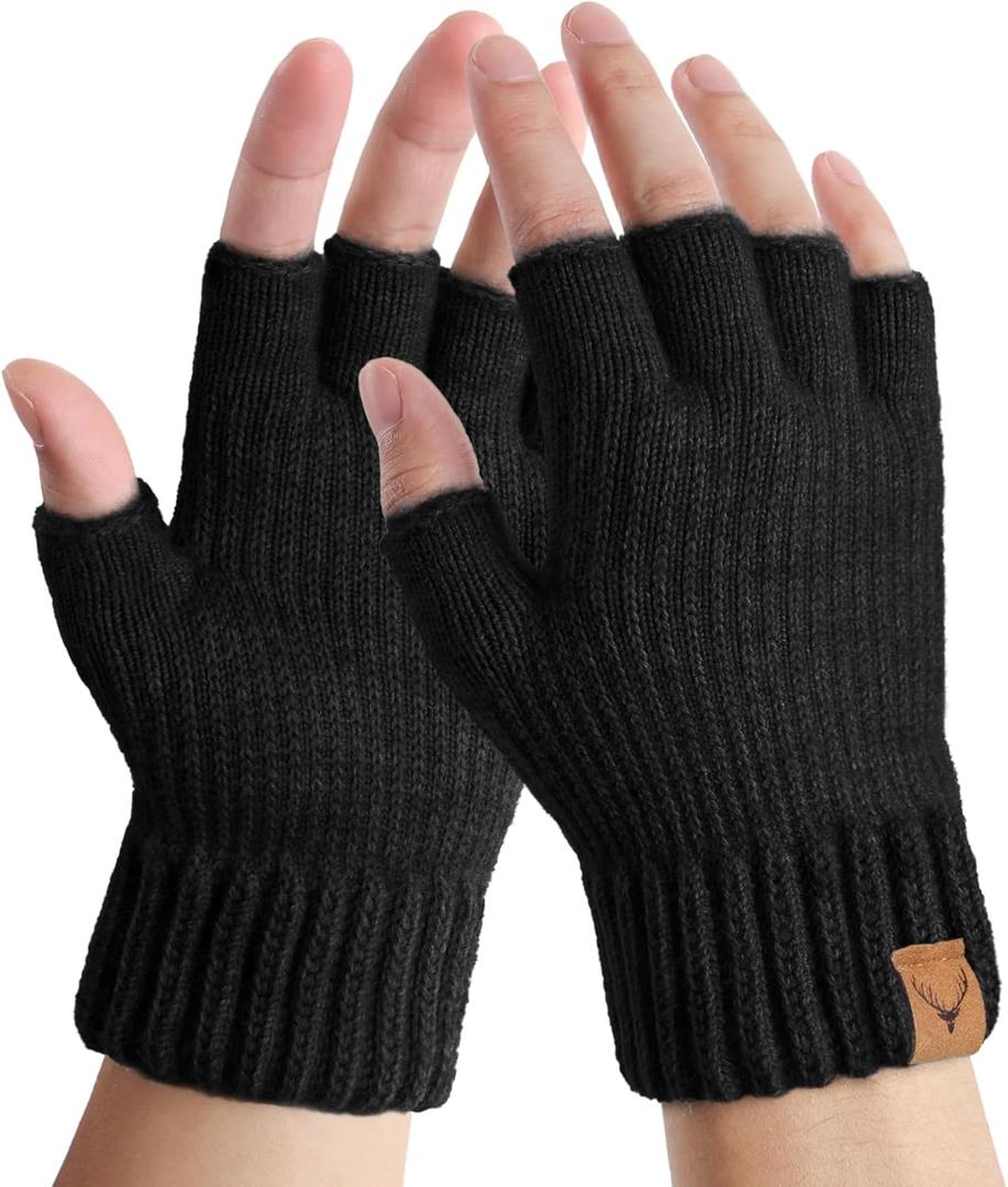 LADES Fingerless Gloves Thermal Winter Gloves Warm Knitted Half Finger Gloves Mittens for Men Women Typing Driving Working (Large, Deer-black)