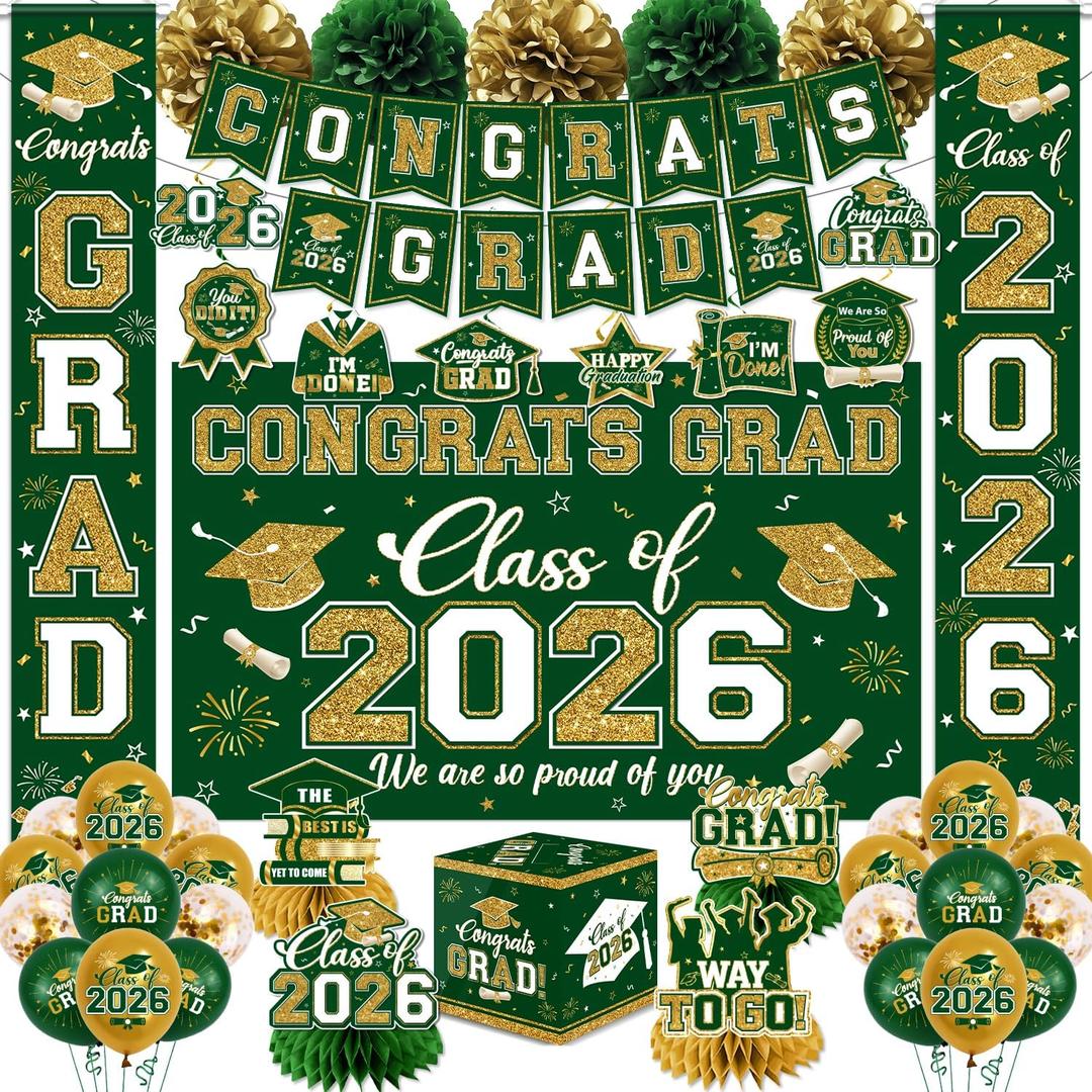 Green and Gold Graduation Decorations 2026 Set, All-in-1 Kit with Congrats Grad Banner Class of 2026 Backdrop Porch Sign Balloons Centerpieces Card Box Pom Poms Streamers for College High School