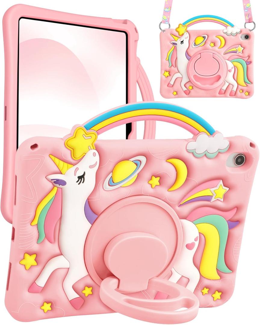 Boaretiu for iPad A16 Case/10th Generation Case - Girls Teens Cute Cartoon Rainbow Unicorn 10.9 Inch 2022 Tablet Cover with Strap & Rotating Stand Soft 3D Silicone Funda for iPad 11th 11 Inch 2025
