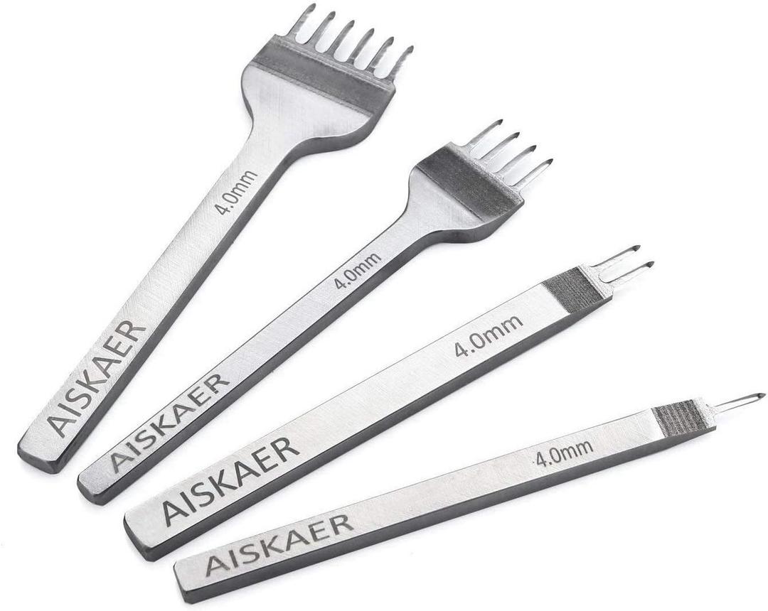 Aiskaer Leather Stitching Punch Set, Diamond Chisel Tools, 4mm White Steel 1/2/4/6 Prong for Leather Craft DIY (Silver)
