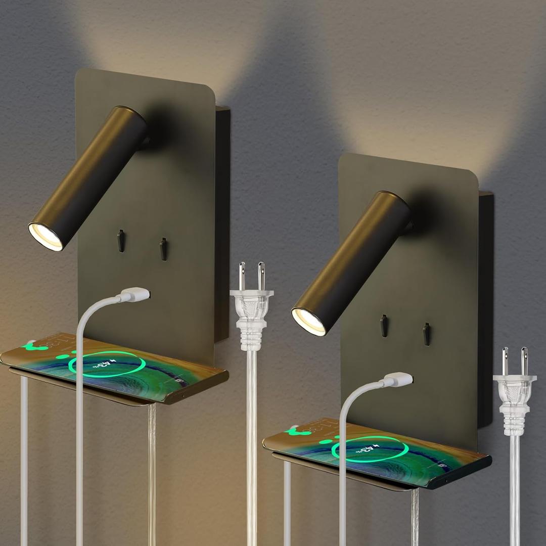 ZEROUNO Modern Bed Side Lamp for Bedroom Set of 2, Black Plug in Wall Mounted Reading Light, Corded Bedside Reading Wall Sconce with USB Port and Shelf, Headboard Reading Lamp Wall Mount with Switch