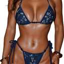 BEAUDRM Women's 2 Piece Bikini Sets Floral Tropical Beaded Triangle Halter String Swimsuit High Cut Bathing Suit (Blue, M)