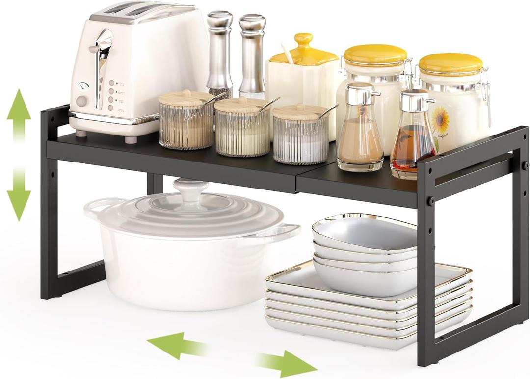 DOLALIKE Expandable kitchen Countertop Organizer, Stackable Cabinet Shelf Organizers, Space Saving Spice Rack Pantry Storage for Bathroom Office (Black, 1 Pack)