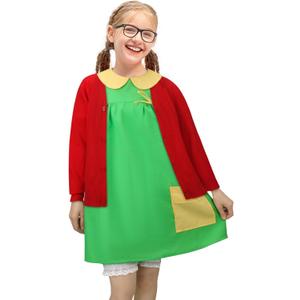 Women Girls Costume Green Dress Red Knit Cardigan Shorts Glasses Full Set Halloween Cosplay Outfit (140)
