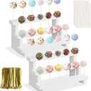 2Pcs Wood Cake Pop Stand, White Lollipop Holder 3 Tier with Twist Ties Lollipop Sticks, 17 Holes Sucker Display Riser for Dessert Table of Wedding Birthday Party