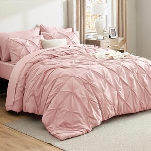 Bedsure Full Comforter Set Pink - Bed in a Bag Full Size 7 Pieces, GentleSoft Pintuck Bed Set Gift for Family, Pinch Pleat Pink Comforter with Sheets, Pillowcases & Shams