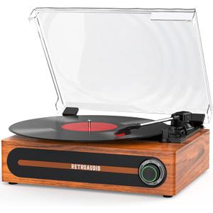 Record Player with Bulit-in Speaker Vintage Belt-Driven Turntable with Bluetooth Wireless Playback Support 3-Speed 33 1/3, 45, 78RPM AUX-in RCA Out Vinyl Players