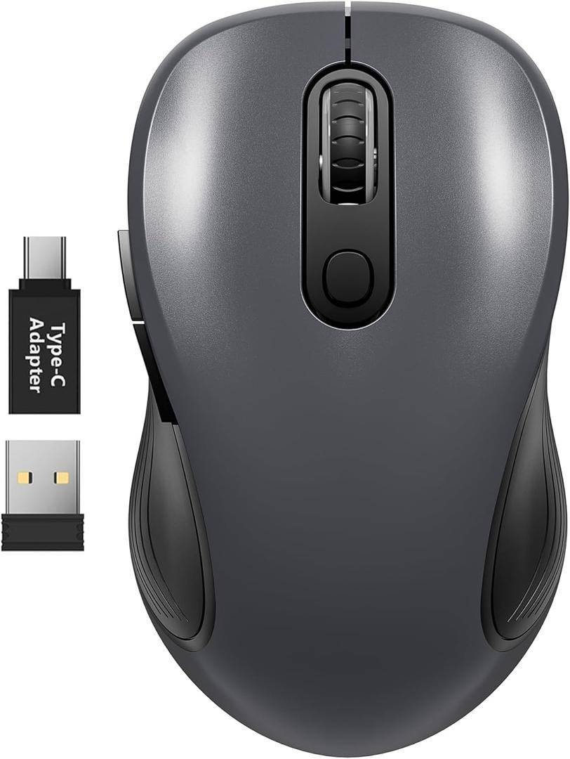 WisFox 2.4G Wireless Mouse for Laptop, Ergonomic Computer Mouse with USB Receiver and Type-C Adapter, 3 Adjustable Levels, 6 Button Cordless Mice for Windows Mac PC Notebook (Grey and Black)