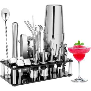 Cocktail Shaker Set, 23-Piece Boston Stainless Steel Bartender Kit with Acrylic Stand & Cocktail Recipes Booklet, Professional Bar Tools for Drink Mixing, Home, Bar, Party (Include 4 Whiskey Stones) (Sliver)