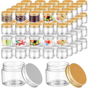 Meanplan 100 Pcs 2 oz Plastic Container Jars Clear Round Cosmetic Container with Lids, Plastic Jars with Screw Lids for Travel Storage, Kitchen Use, DIY Crafts(Gold, Silver,Aluminum)